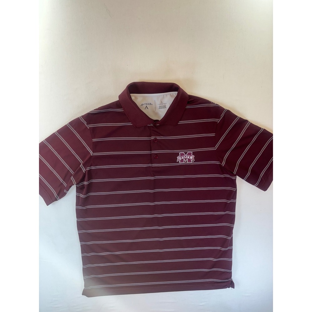 Antigua Mississippi State Bulldogs Polo Shirt Mens Large Maroon Striped MSU Golf
